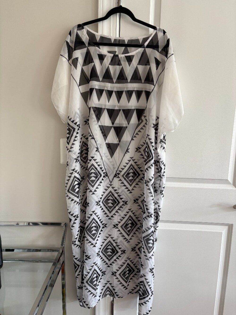 Black & White Geometric Print Sheer Swim Cover-up Maxi Dress Kaftan - SZ L/XL